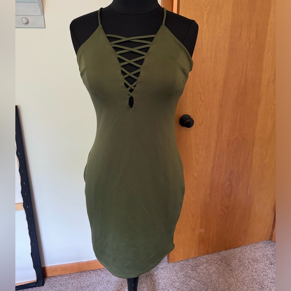 Charlotte Russe Olive Green Crisscross Plunge Neckline Dress